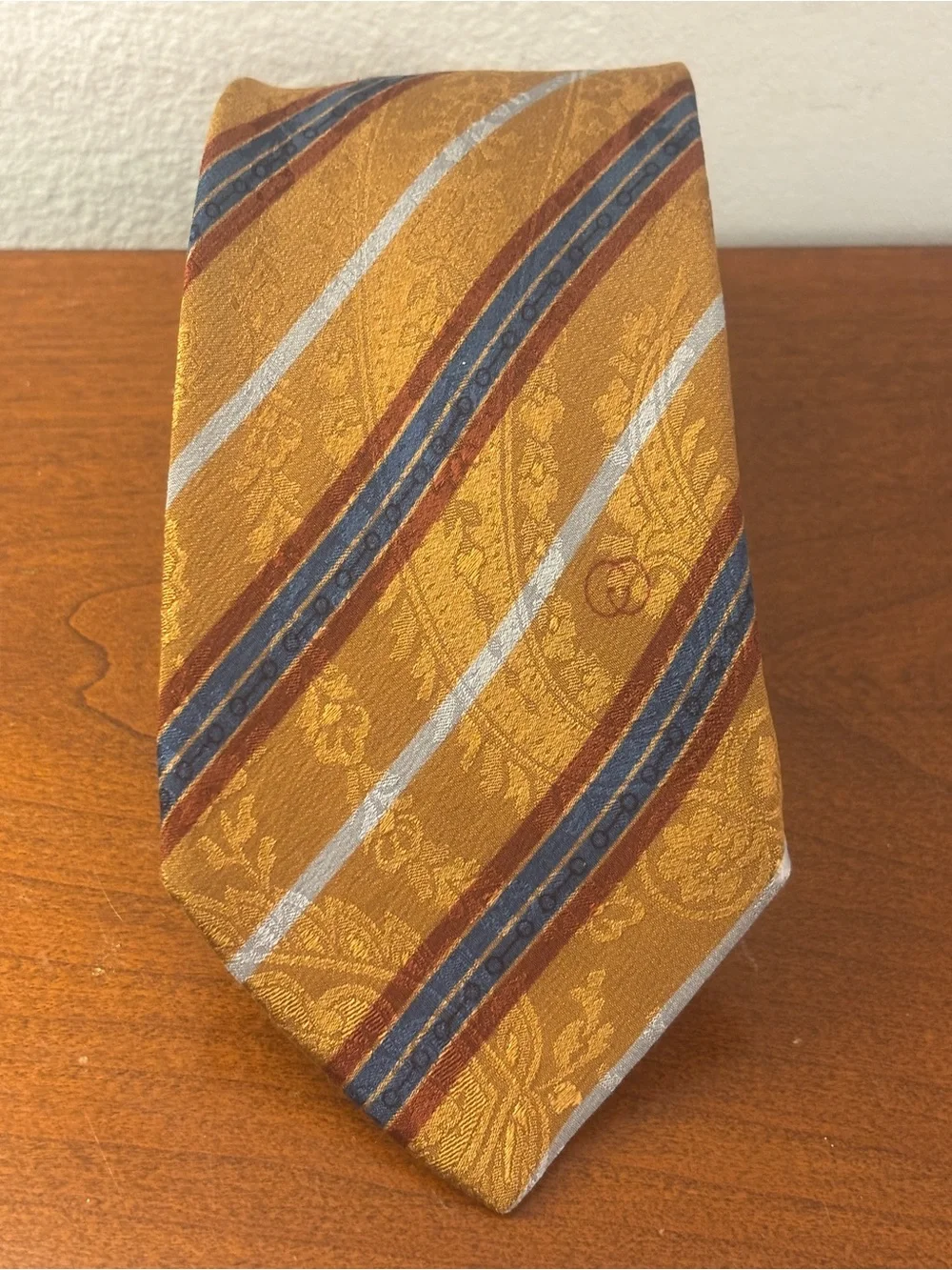 Vintage Gucci Silk Tie Mustard Hold Blue Red Stripes Made in Italy